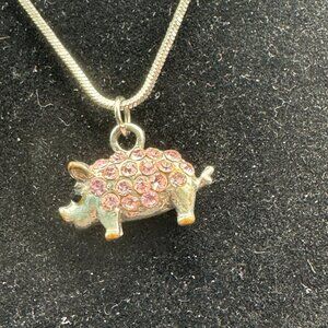 Silver Pig Pendant Necklace Pink Crystal Rhinestones Adjustable Gift
